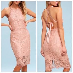 Lulu’s Wishful Wanderings Pink Lace Bodycon Midi Dress Size Small